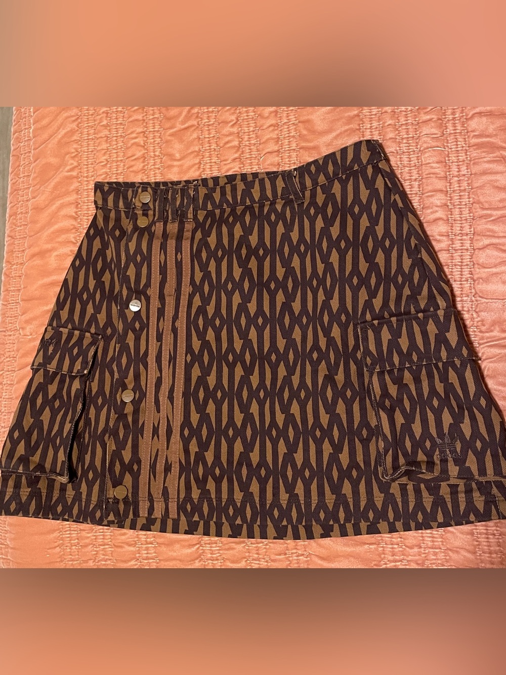 Geo Print Brown Mini Skirt with Button Front